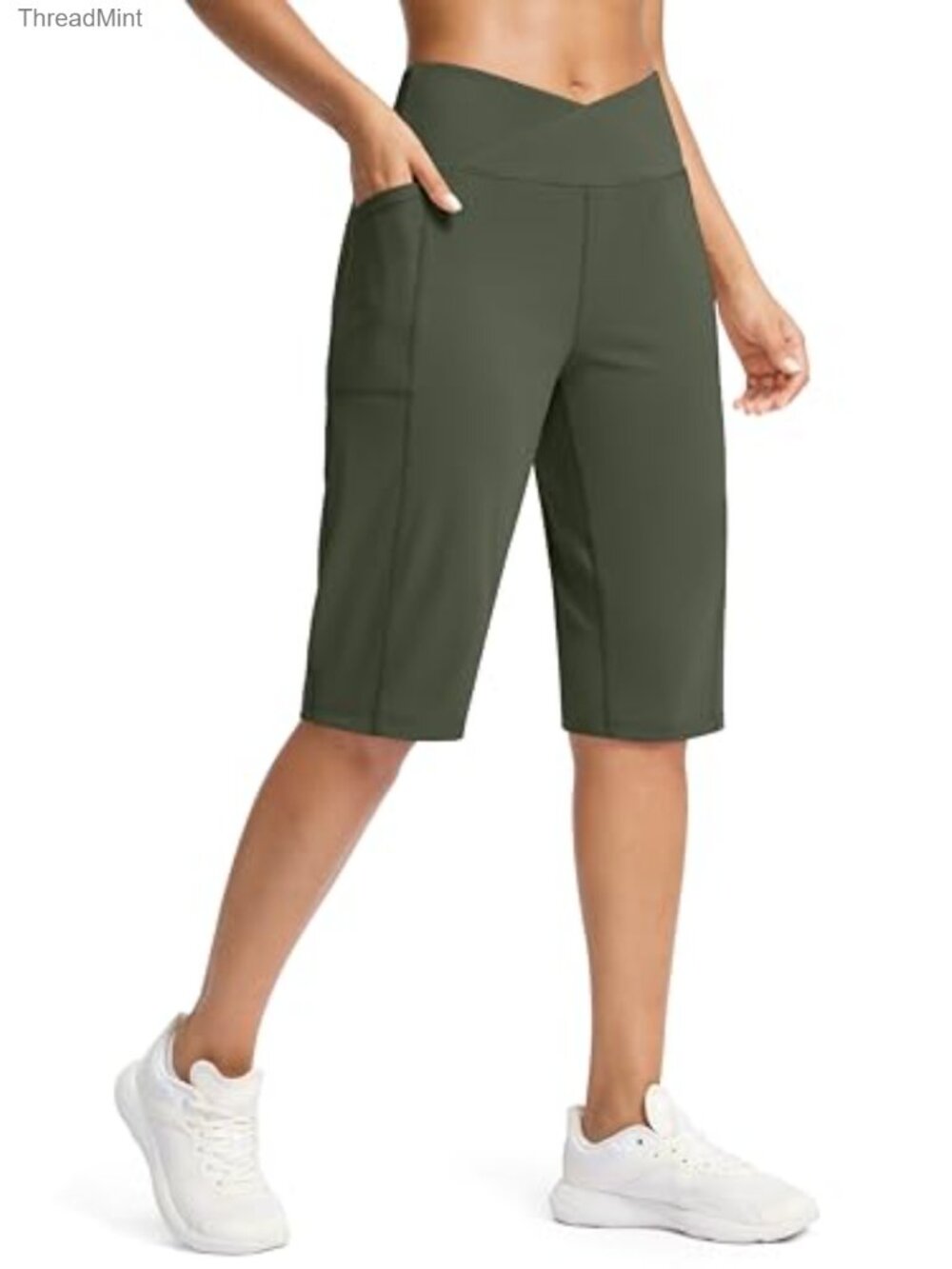 High Waisted Bermuda Shorts with Pockets Stretch Knee Length Athletic Running